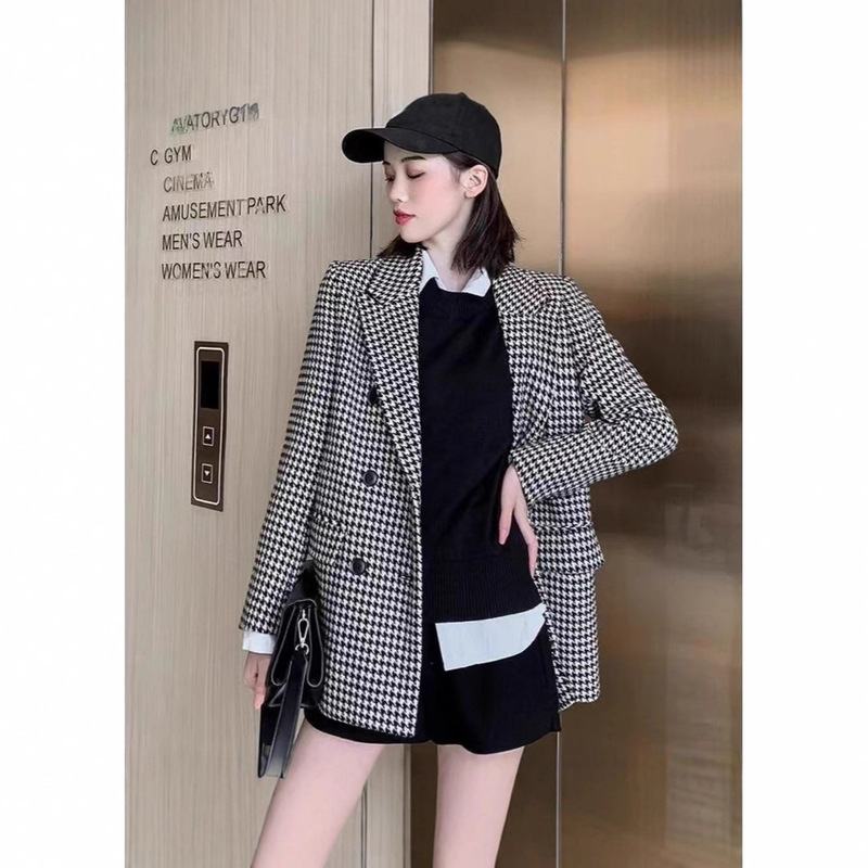 2025 Plaid Blazer Women's Houndstooth Autumn and Winter New Thickened Mid-Length Woolen Coat for Small People