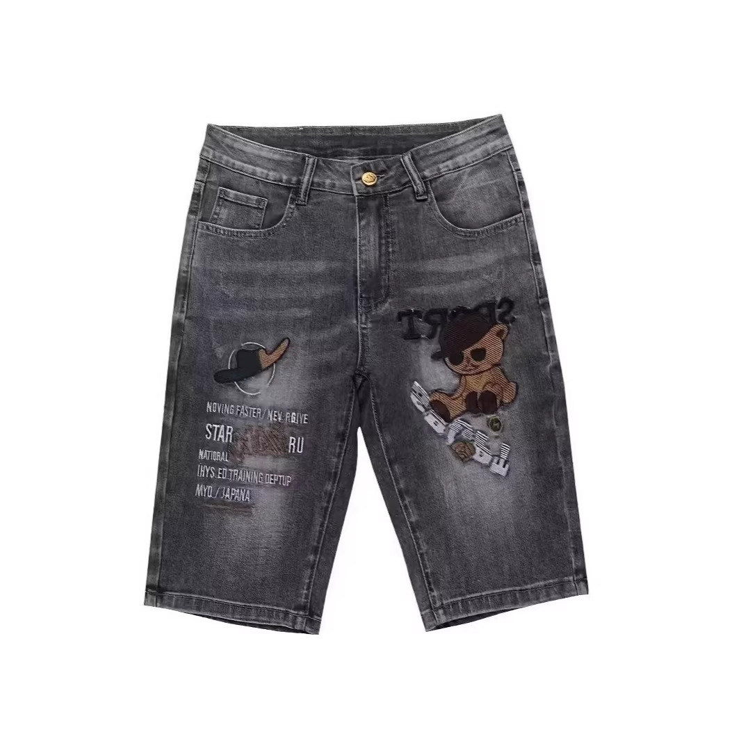 Men's Embroidered Denim Shorts Trendy Loose Straight Leg Casual Distressed Five Point Pants Mid Length Thin Summer Wear_mkmklike.com