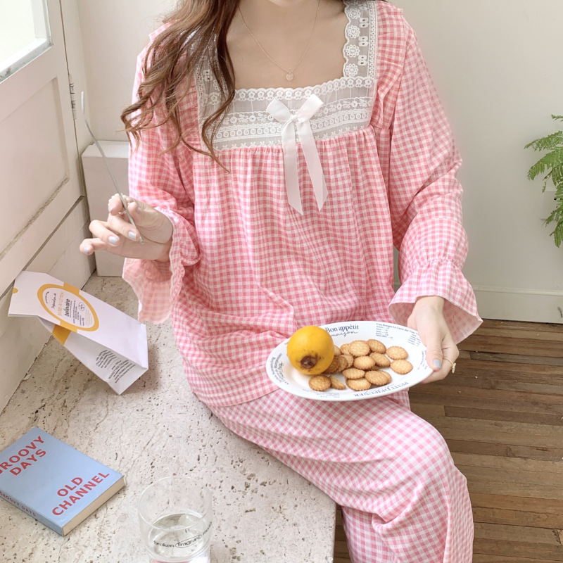 Estilo japonés Rosa Plaid pijamas para las mujeres primavera y otoño dulce princesa estilo manga larga más tamaño grasa M homewear