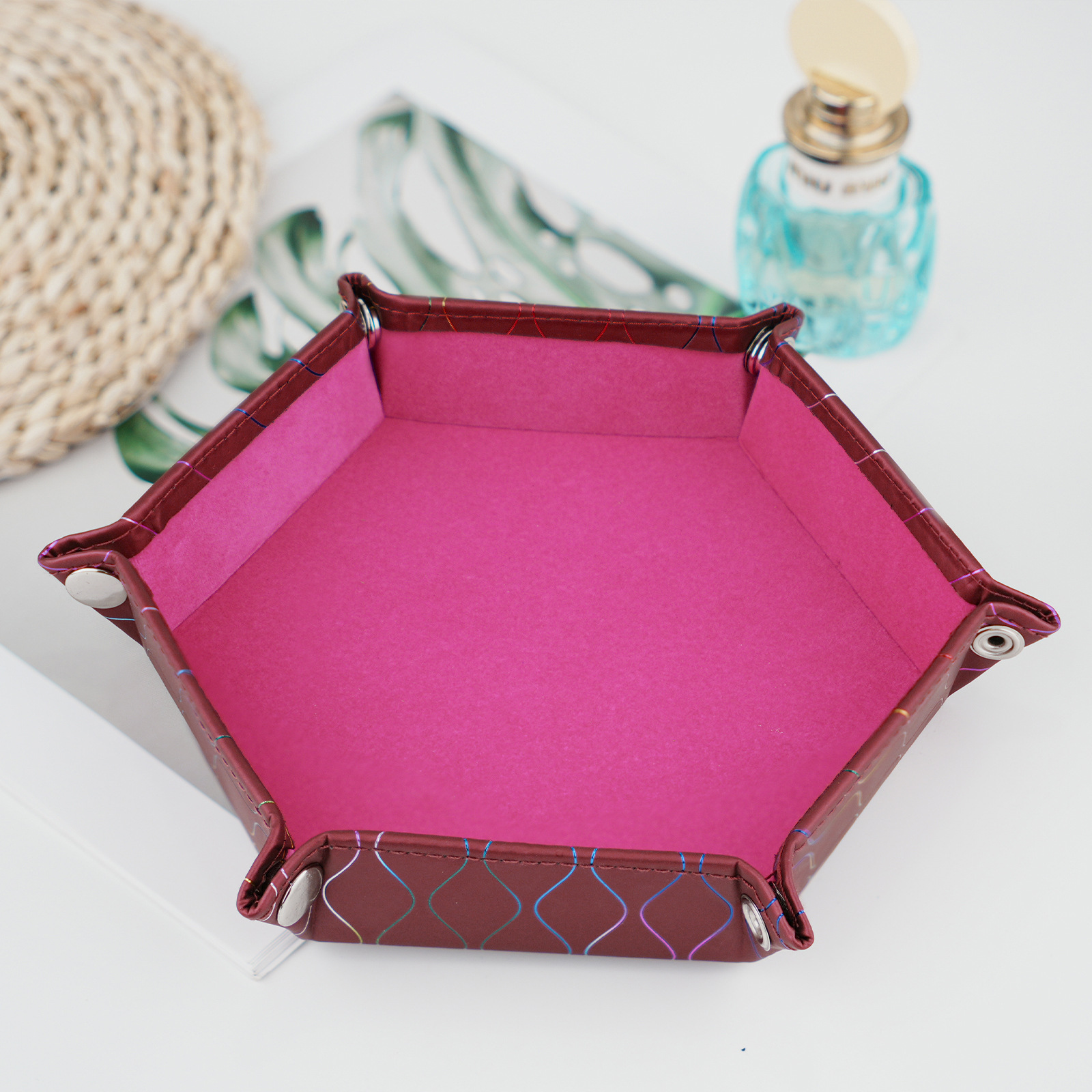 Transfronterizos para la nueva cesta de almacenamiento de cuero pu, bandeja de almacenamiento de escritorio, tela de lana de alta calidad, bandeja de manicuras al por mayor