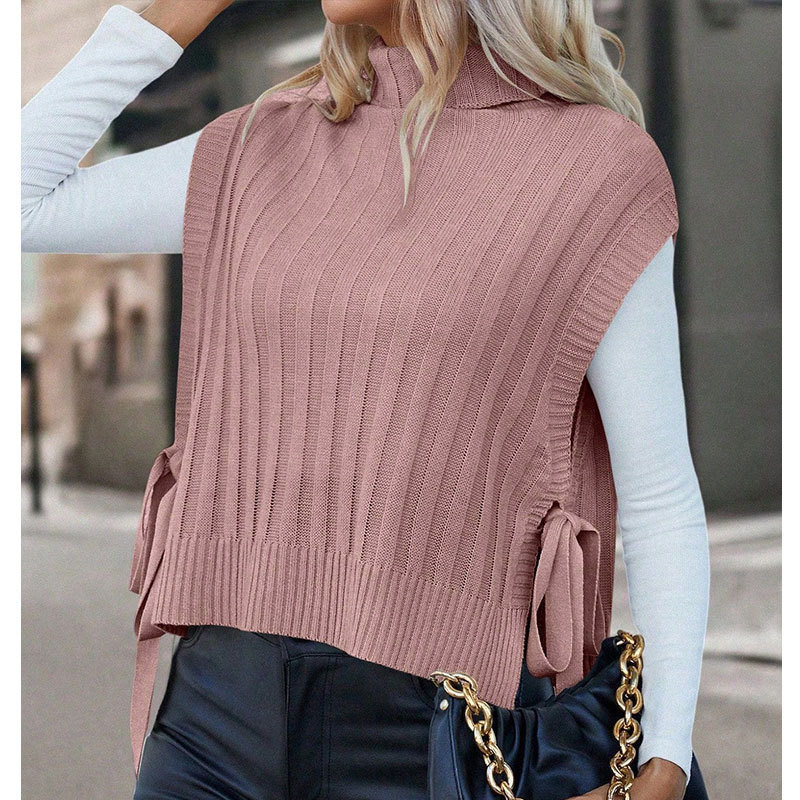 Autumn and Winter New Women's Clothing Cross-Border European and American Amazon Solid Color Turtleneck Sleeveless Side Lace-Up Pullover Vest Sweater Autumn and Winter New Women's Clothing Cross-Border European and American Amazon Solid Color Turtleneck Sleeveless Side Lace-Up Pullover Vest Sweater