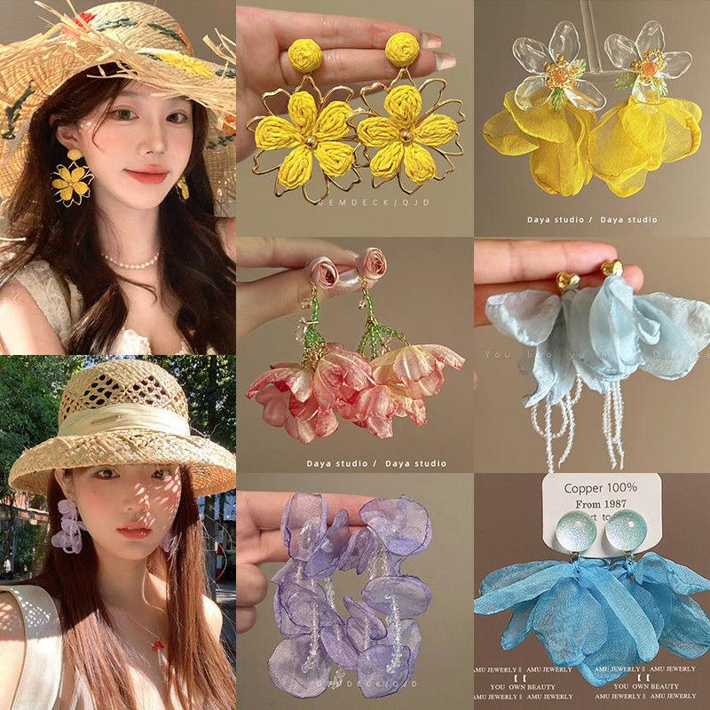 2026 viento falso sensación de atmósfera super inmortal pendientes de flores de malla temperamento suave de chiffon para mujeres pendientes