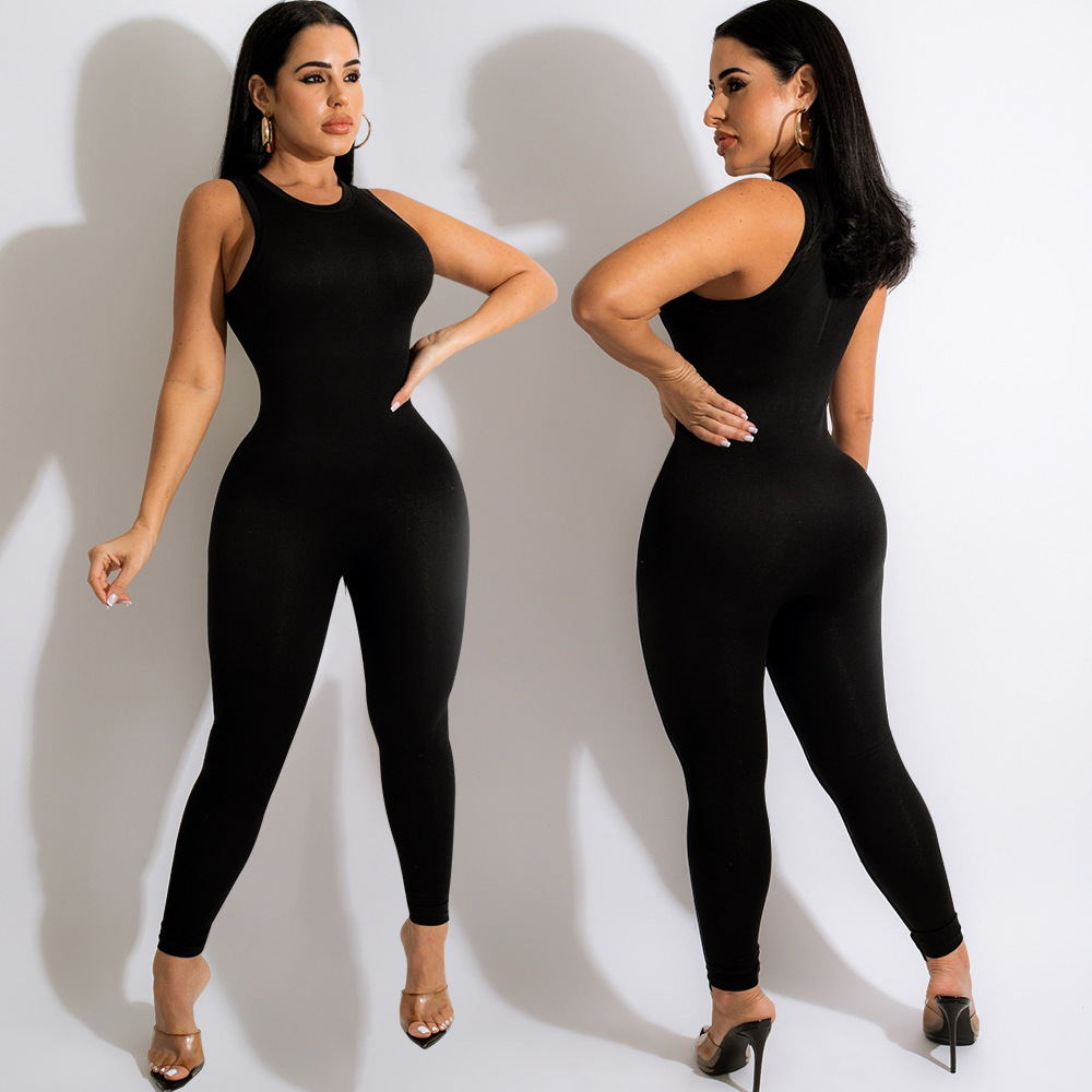 solid color round neck sleeveless tight jumpsuit NSZH119319