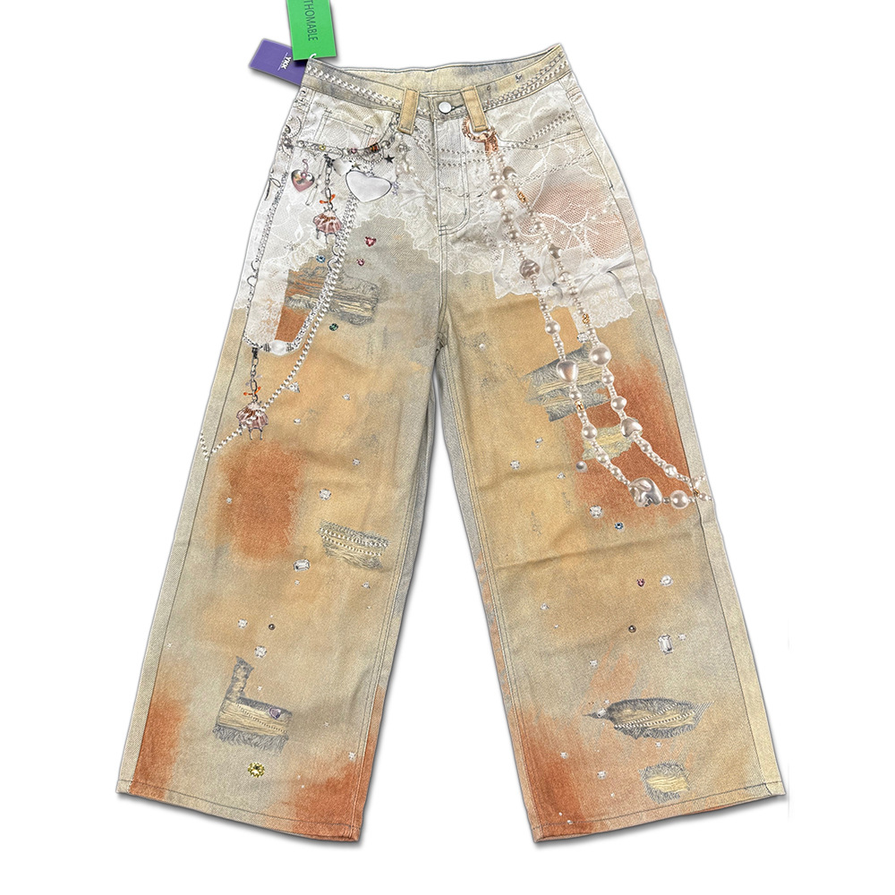 Erkek Punk Zincir 3D Dijital Baskılı Geniş Paça Kot Pantolon - Hipster Tarzı İçin Sokak Modası Eskitilmiş Yıkanmış Kot Pantolon_voghion.com