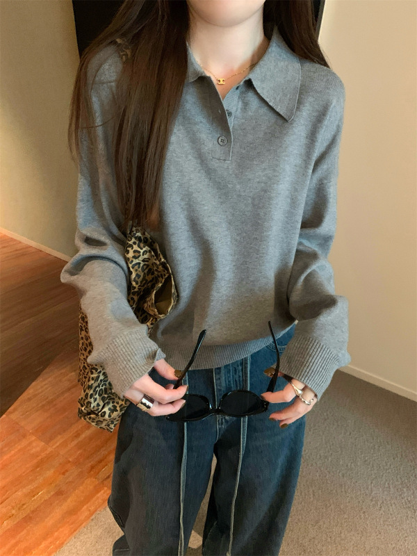 韩系polo领松弛感针织毛衣女2025春季简约慵懒打底衫宽松内搭上衣|undefined