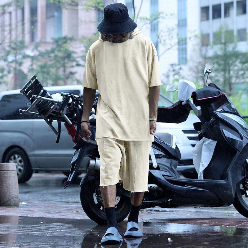 2024 Men's Short Sleeve Shorts Oversize Fur Loose Sports Casual Hooded Set_mkmklike.com