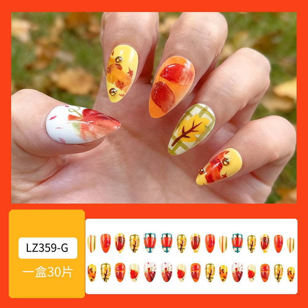 Las mejores ventas transfronterizas de uñas de almendras de diamante tridimensional de otoño atmósfera de uñas falsas 24 piezas de parche de uñas image 8
