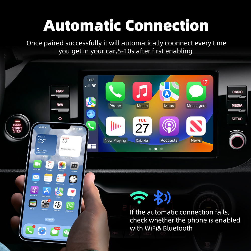 Car Onboard Interconnect Box Support Wireless CarPlay 2-in-1 Plug and Play Adapter