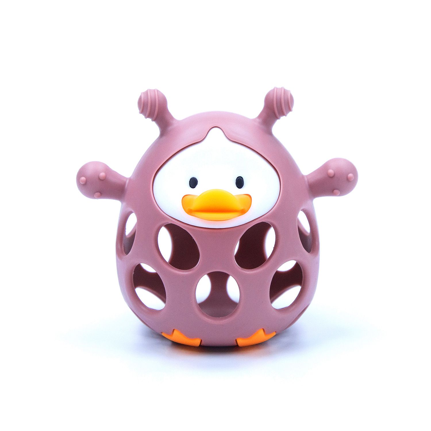 Nuevo producto pato mordedor bebé campana de tiro de mano bola molar palo de silicona bebé período de deseo oral mordedor anti-comer dios de la mano