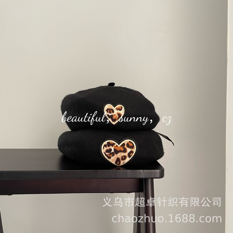 时髦复古穿搭亲子秋冬搭配爱心豹纹南瓜帽儿童羊毛贝雷帽|undefined