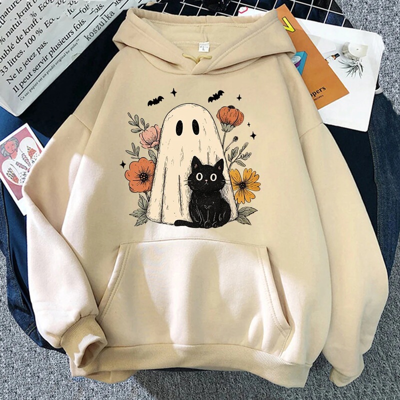 Funny Cat Halloween Hoodie Fashion Women Aesthetic Retro Ramen Flower Pumpkin Hoodie Unisex