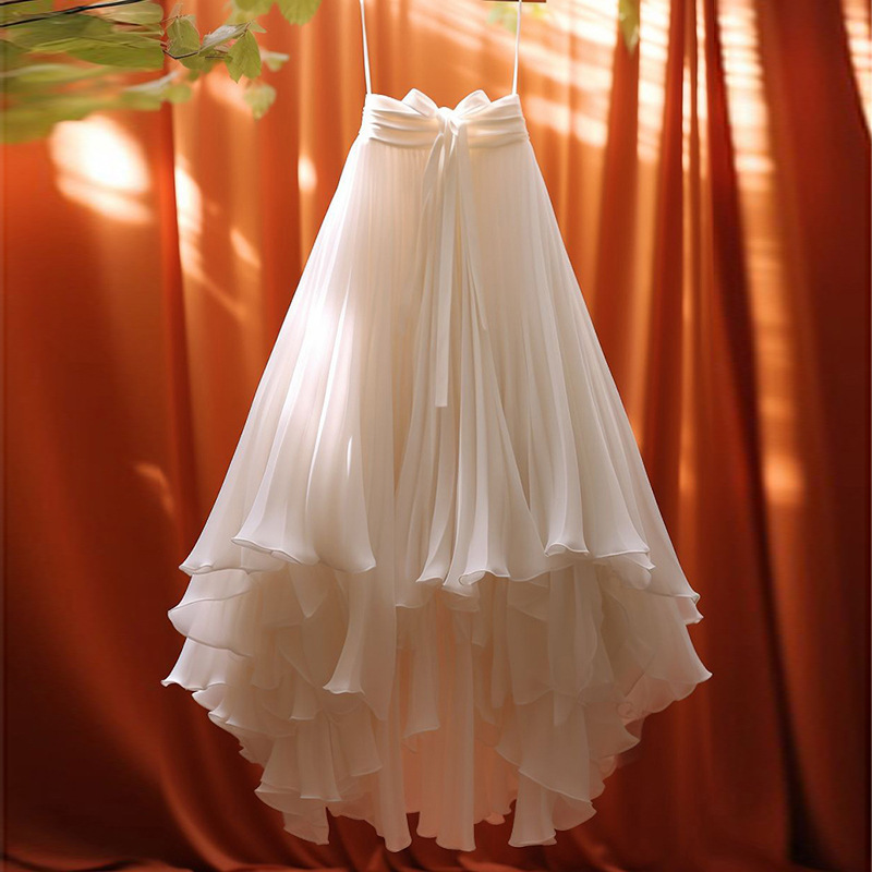 Early Spring Salt-style White Multi-layer Butterfly Strap Dovetail Pleated Long Half-length Skirt