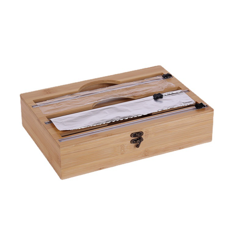 Caja de almacenamiento de bambú para cocina, cortador de papel film y papel de aluminio, organizador de clasificación de bambú para cajones, caja de bambú simple
