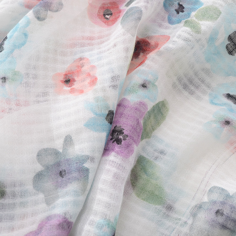 Japonés y coreano dulce estilo artístico flor colorida algodón y lino sensación bufanda borla bufanda viaje protector solar chal bufanda para las mujeres