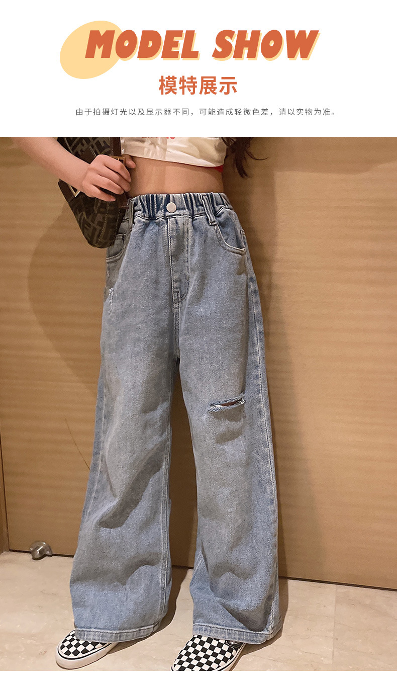 Neue Frühjahr Mädchen Kleidung Kinder Gerade Ripped Loch Lose Jeans Elastische Taille Hose Kind Teen Denim Breite Bein Hosen frühlen – Detail 2