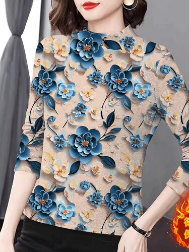 220 kert velvet double-sided velvet digital print fashionable T-shirt semi-high collar floral all-match long-sleeved top slim bottomed shirt