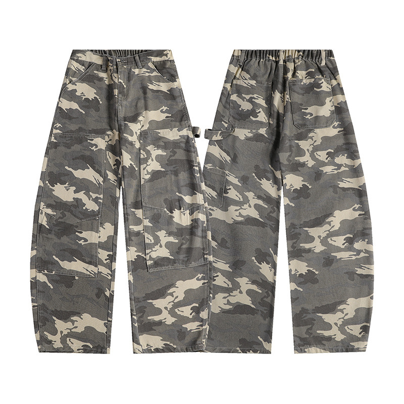 2025 Summer New Style Curved Loose Camouflage Yellow Casual Pants Trendy American Style Button Long Pants for Men