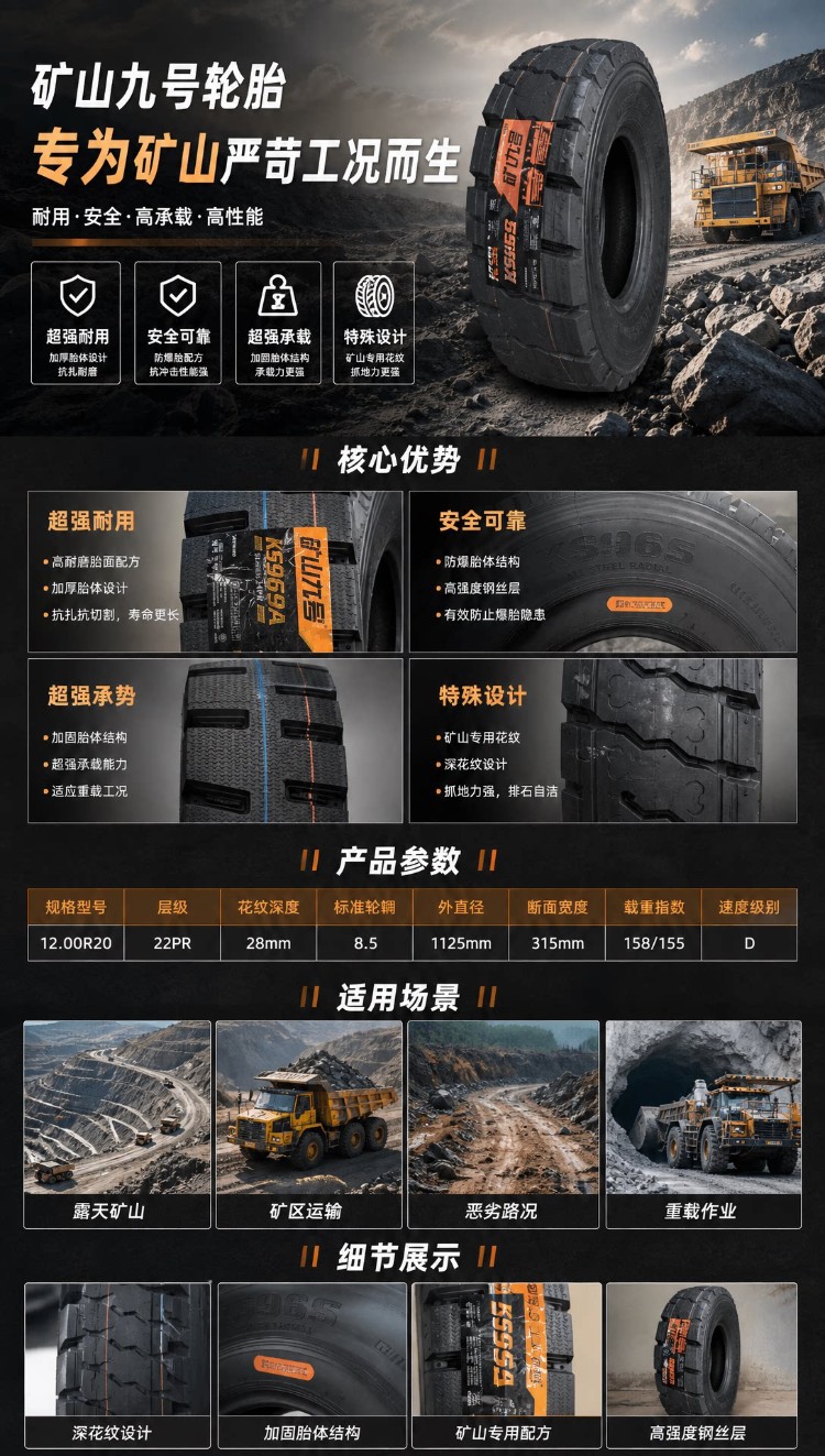 1200R20 Mine No.9 Explosion-Proof Tire for Iron Knight Hundred-Ton King Dump Truck and Dumper Truck, All-Steel Thickened Heavy-Duty Tire