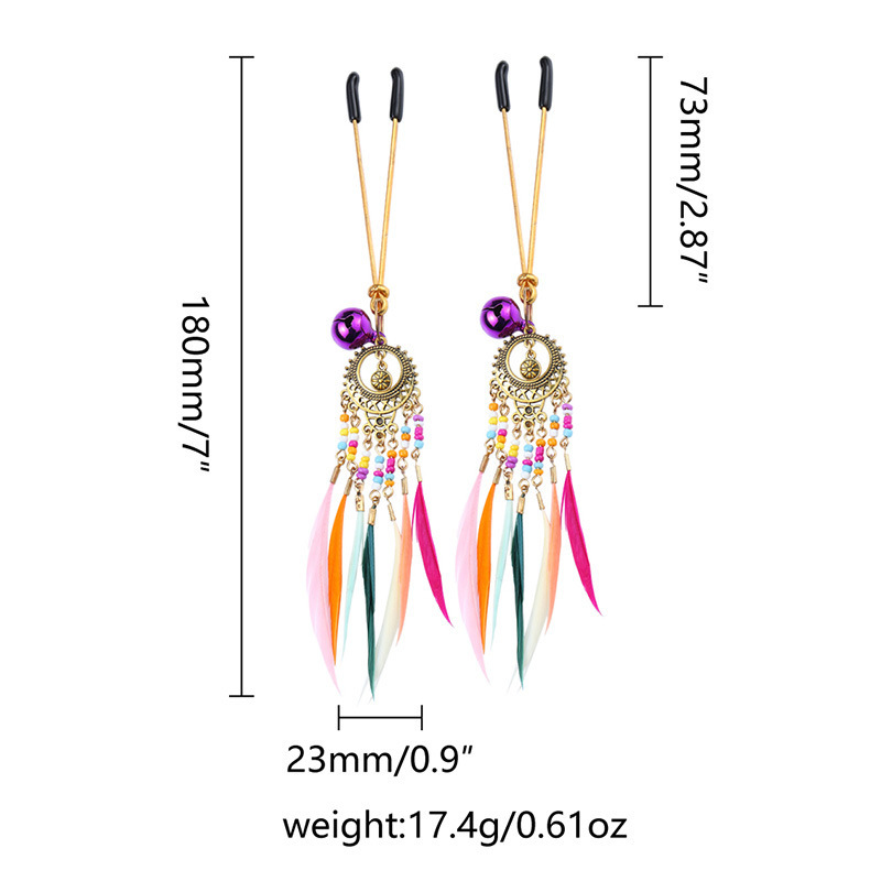 Vintage Metal Nipple Clamps with Feather Tassels, Bohemian Style Pair — detail image 11