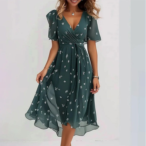 Relaxed and Elegant V-Neck Floral Print Hot Selling Printed Dress for E-commerce