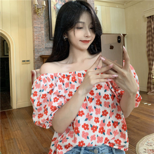 European and American loose floral puff sleeves round neck one-shoulder two-wear shirt casual floral summer new Korean style floral