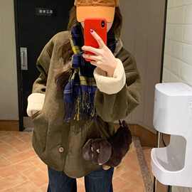 小众不撞款纯色单排扣加厚外套女装秋冬季新款宽松百搭设计感上衣