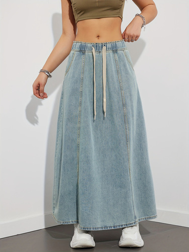 Denim elastic waist drawstring denim skirt women's new retro high-waist slimming loose denim skirt