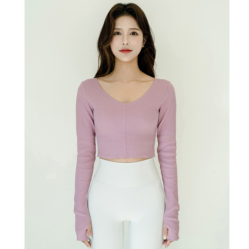  Spring New V-Neck Ribbed Long-Sleeve Yoga Top for Women Korean Style Short Dress High-Waist Slimming Fitness Clothing