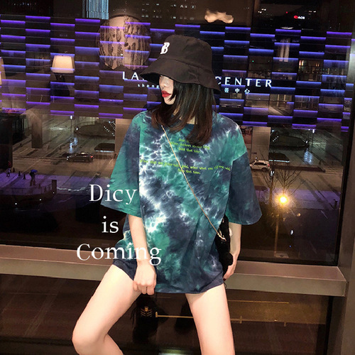 Foreign trade loose Harajuku style tie-dye bf top summer ins trendy Hong Kong style super hot Cec short-sleeved women T-shirts students and women trendy