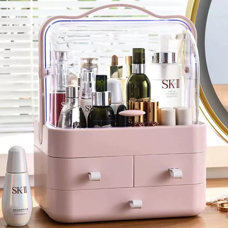 Cosmetic Storage Box, Multi-Layer Dustproof Vanity Organizer with Drawers & Handle, Large Capacity