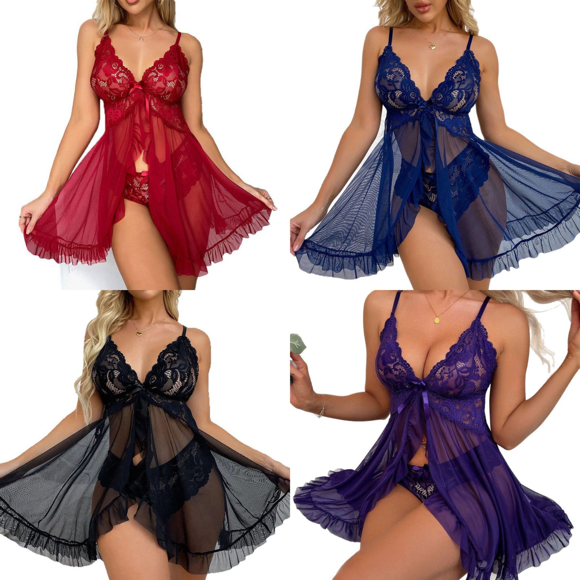 European and American Pajamas for Women, Lace Suspenders, Sexy Home Clothes, Summer See-Through Mesh Skirts Wholesale, Amazon Cross-Border