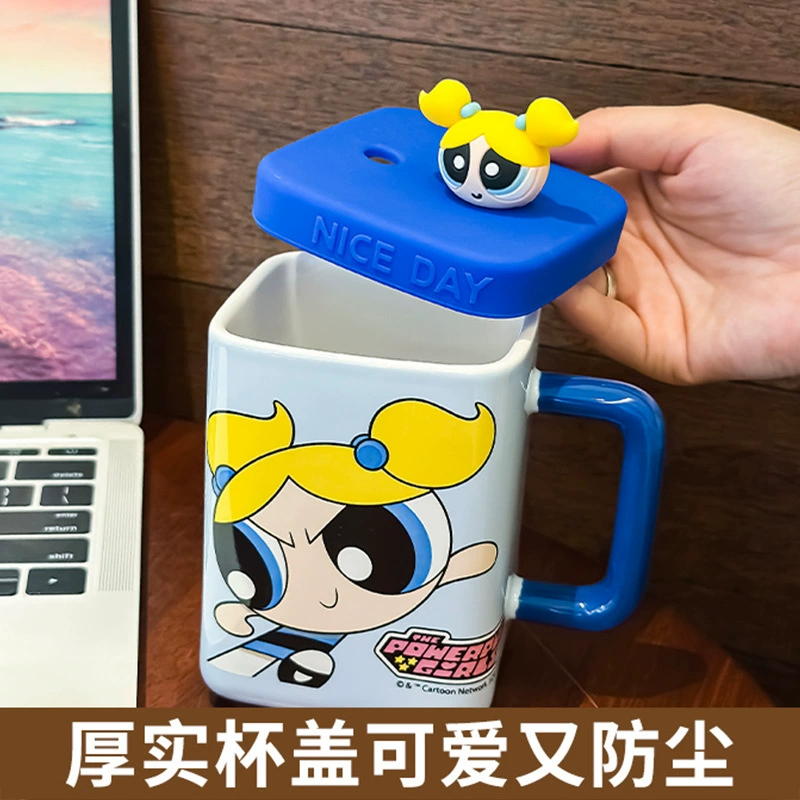 Керамическая кружка Powerpuff Girls 450 мл с крышкой и трубочкой, удобная ручка — подарок