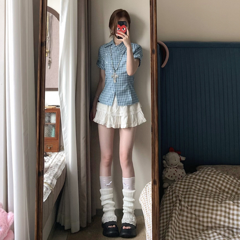 美式复古辣妹风蓝色格子短袖衬衫女夏季2025新款修身显瘦衬衣上衣|undefined