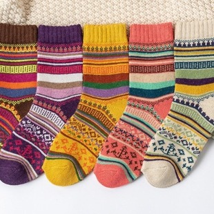 Cross-border Trade AliExpress Autumn and Winter New Color Striped Japanese Vintage Artistic Socks Women's Rabbit Wool Mid-tube Socks