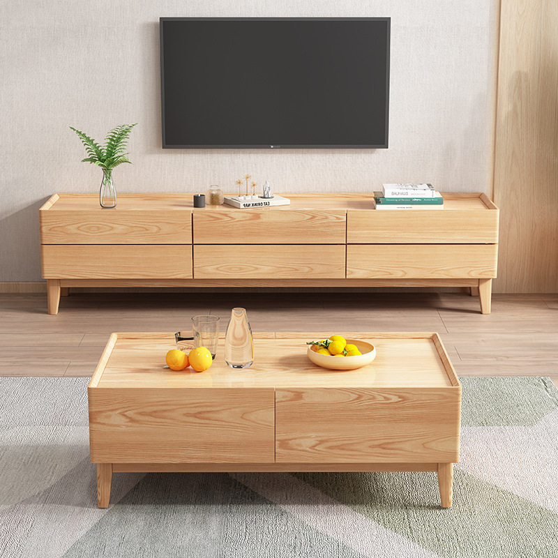 Mesa de té de estilo de registro mesa de té de madera maciza nórdica combinación de gabinete de TV moderno minimalista hogar sala de estar pequeño apartamento madera de cera blanca