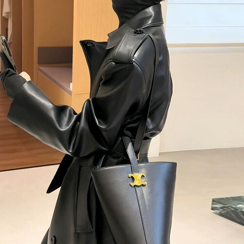 Women's 2026 Autumn Stylish High-End Leather Jacket, Collar-Banded, Fitted, Mid-Length Leather Peacoat