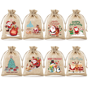 Cross-Border New Christmas Candy Gift Bag Gift Storage Linen Bag Drawstring Small Cloth Bag Children's Party Packaging Bag