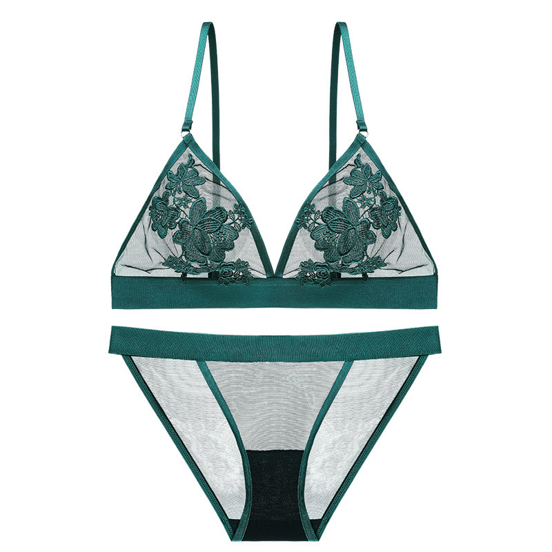 Europeo y americano sexy transparente más tamaño bordado sujetador traje inalámbrico pecho grande pequeño ultra-delgado triángulo taza ropa interior bar