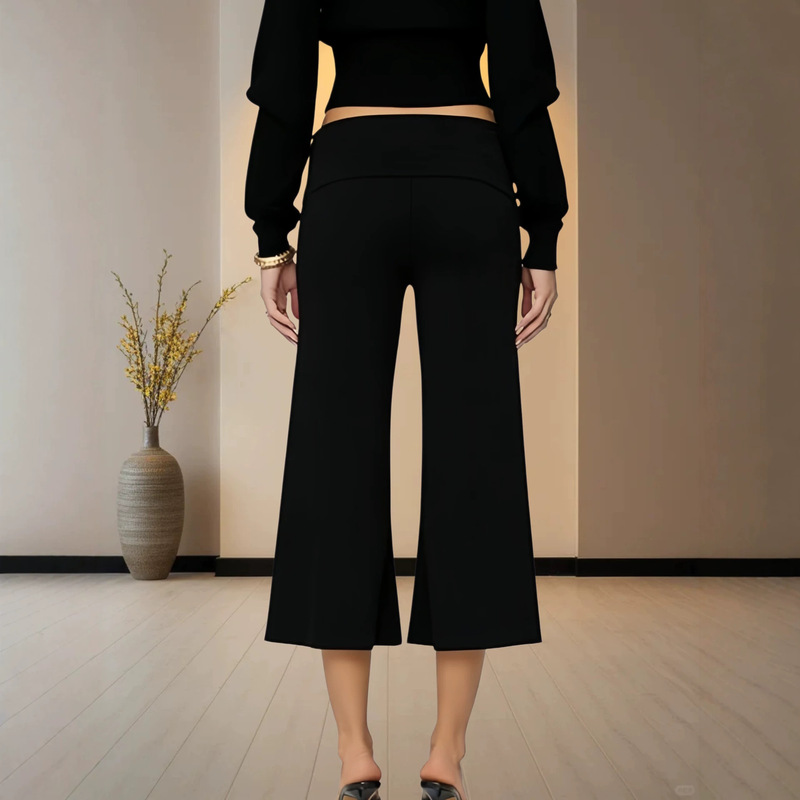 Cross-Border Popular Women's Summer 7/8 Length Casual Wide-Leg Low-Waist Pants in Black with a Draping Effect