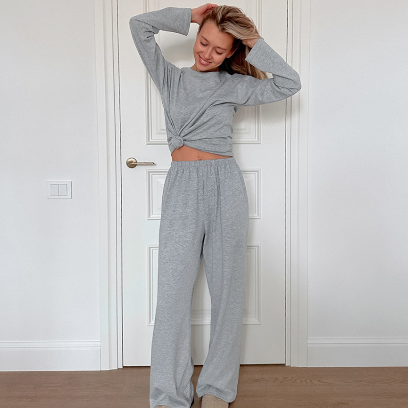 2025 European and American Spring New Style Comfortable Casual Round Neck Knitted Home Clothes Long-Sleeved Pants Loose Can Be Worn Outside Pajamas
