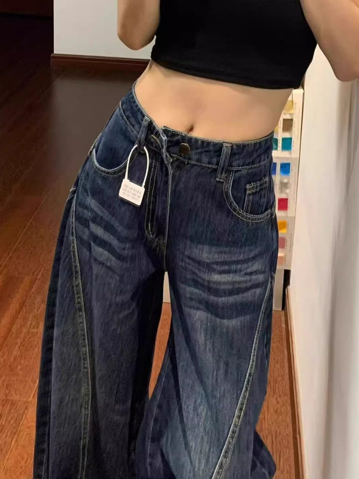 Quần jeans nữ ống cong cạp cao dáng rộng phong cách retro, quần dài có lót lông — Quần đơn màu xanh đậm