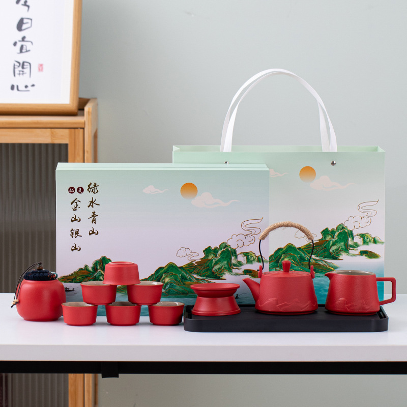 플레이트와 함께 빨간 넥타이 냄비 디럭스 세트