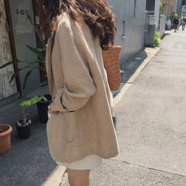 早春新款韩国网红棉麻西装外套女韩版宽松亚麻小西服英伦风图片色