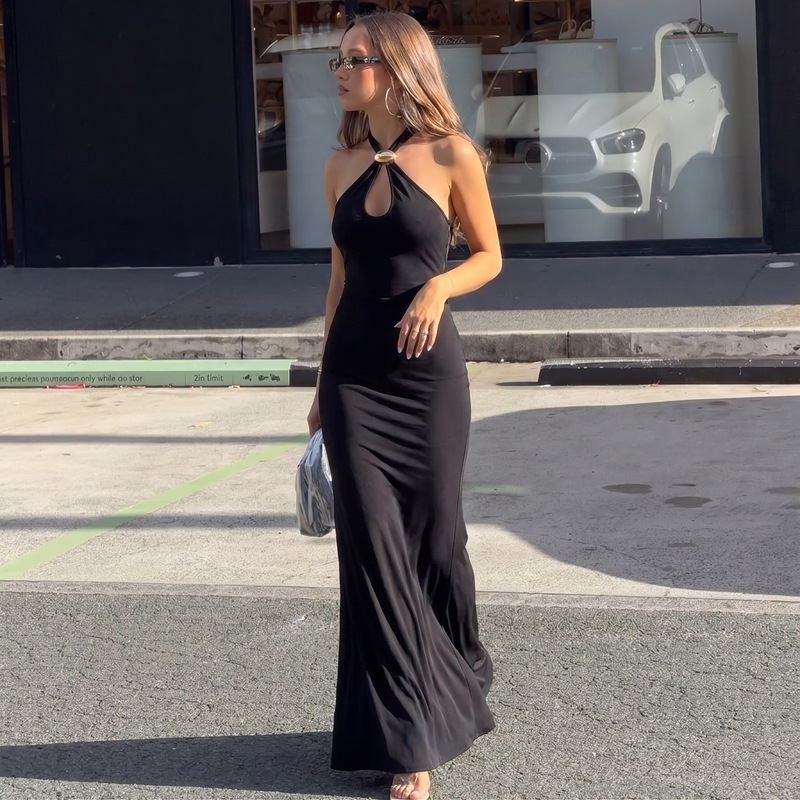 European And American Women's Clothing 2026 Summer New Metal Buckle Neck Strap Slim And Thin Spice Girl Dress_ecoleips.com