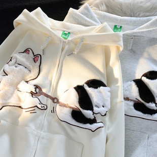 Cartoon Cat Zipper Sweater Women's Autumn and Winter 2025 New Design Sense Niche oversize Couple Cardigan Jacket