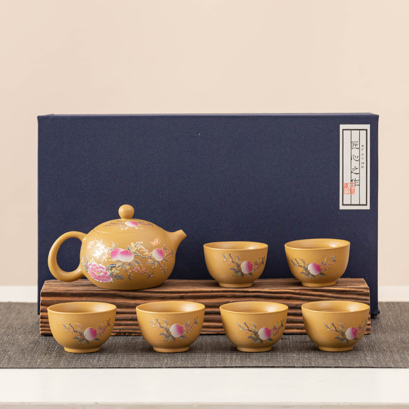 黄金段泥西施壶凤鸣变色寿桃茶具套装一壶六杯富贵长寿长辈礼品|undefined