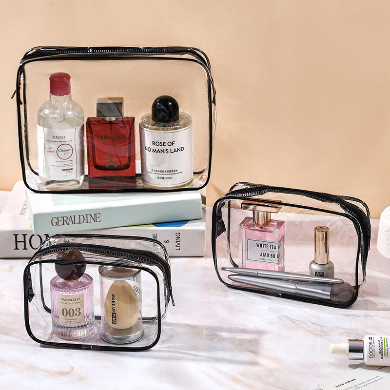 Spot Transparent Cosmetic Bag Pvc Toiletry Bag Business Trip Waterproof Black Transparent Portable Travel Storage Bag Wholesale