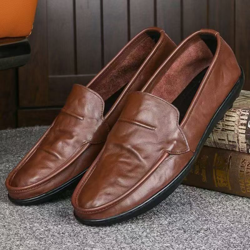 Summer New Men's Leather Shoes, Breathable Thin Beanie Shoes, Soft Sole, Soft Surface, Slip-On Casual Shoes, Men's Driving Leather Shoes