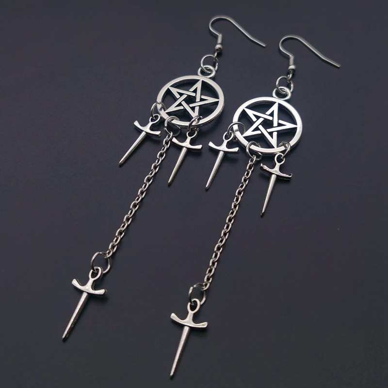 1 Pair Punk Pentagram Cross Moon Plating Alloy Drop Earrings display picture 1