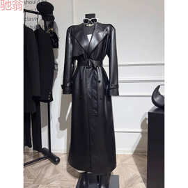 T8Y【现货】法式时尚高级感长款高端精致御姐风黑色皮衣外套女秋